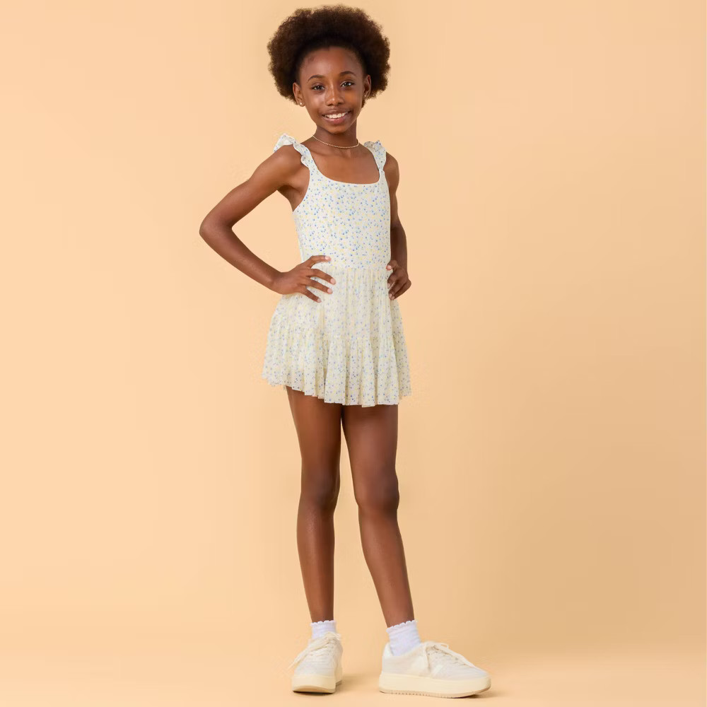 Blogilates Girls’ Mommy & Me Ballerina Ruffle Dress – White Floral Print