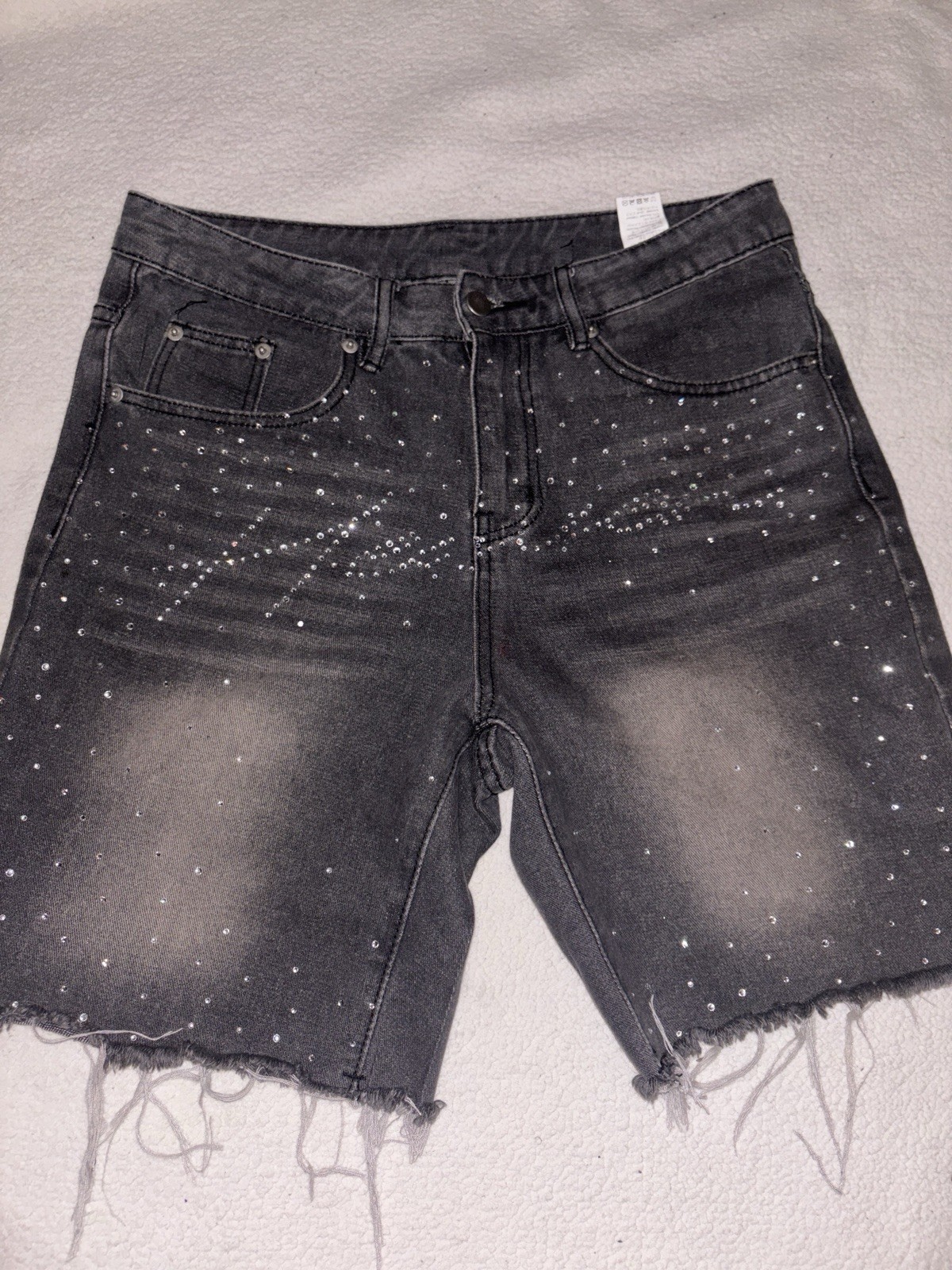 Men’s Black Dark Wash Denim Cutoff Shorts Studded Distressed Raw Hem 5-Pocket