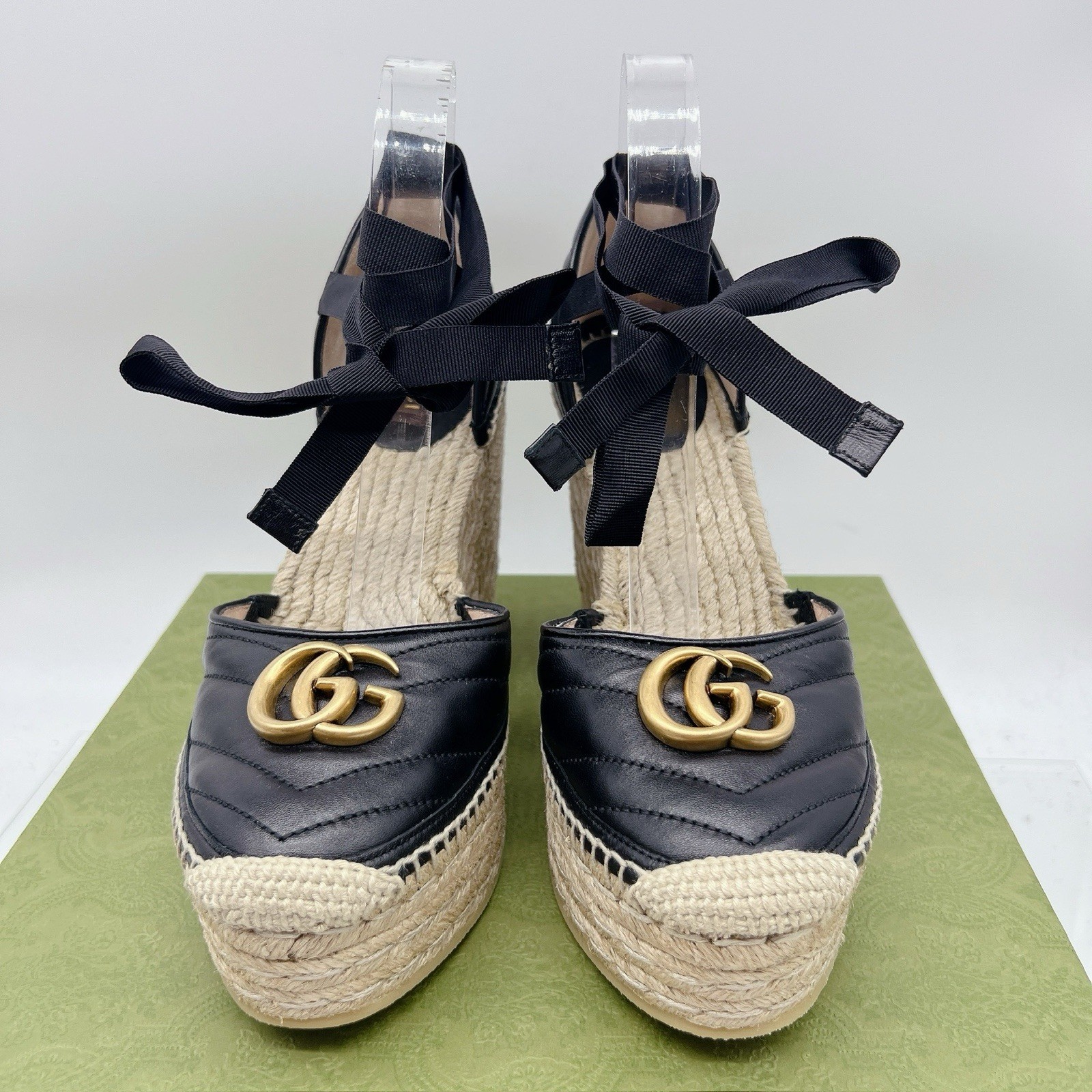 Gucci GG Marmont Platform MATELASSÉ Wedge Heels Espadrille Black Leather EU 40.5
