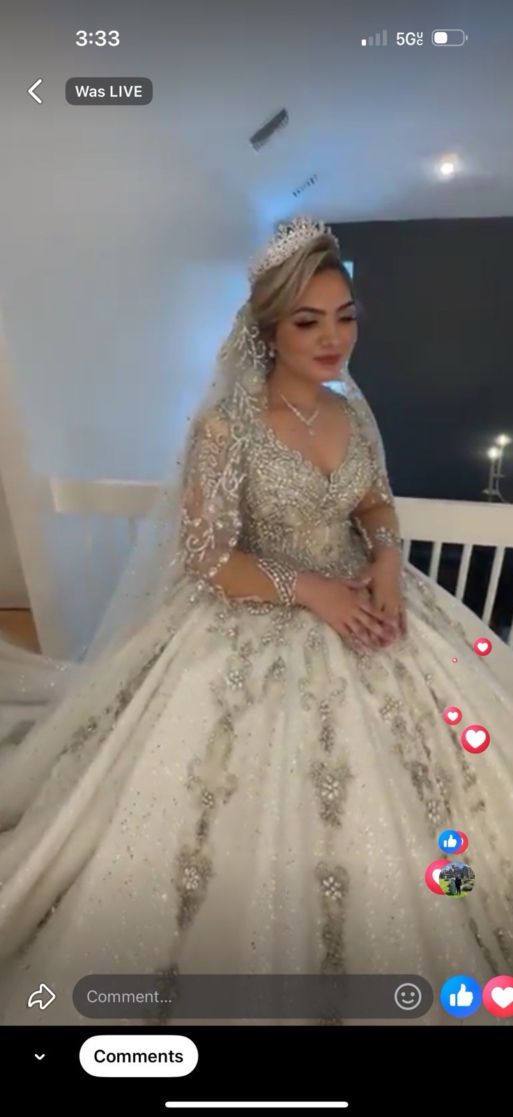 White/Silver Beaded Sequin Lace V-Neck Long Sleeve Ball Gown Wedding Dress