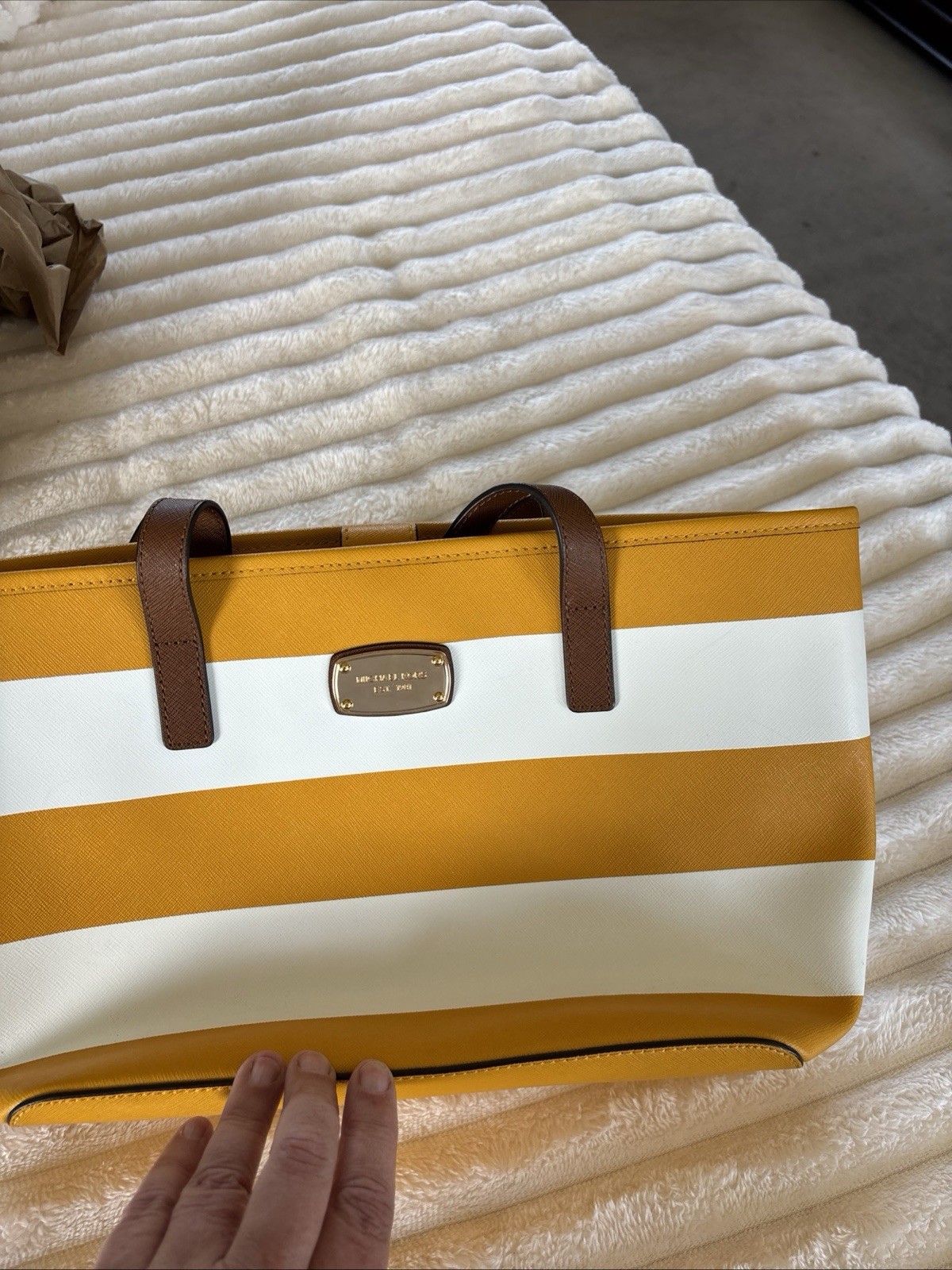 Michael Kors purse, Yellow And White Stripped, With Brown Straps.