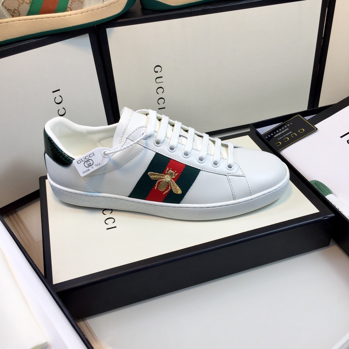 Men Gucci Ace White Leather Green Red Snake Heel Gold Bee Designer Sneaker