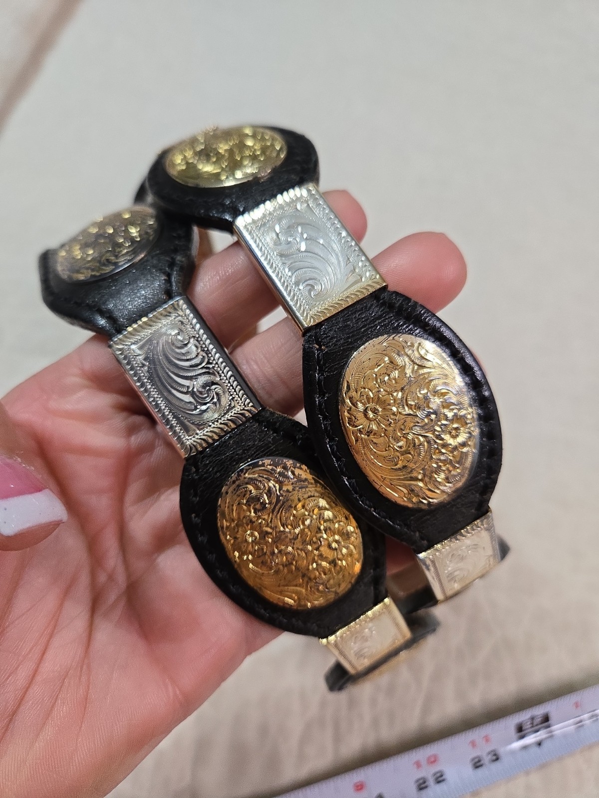 Double J Saddlery Belt Black Leather Concho Two Tone Metal Accents 38 No Buckle