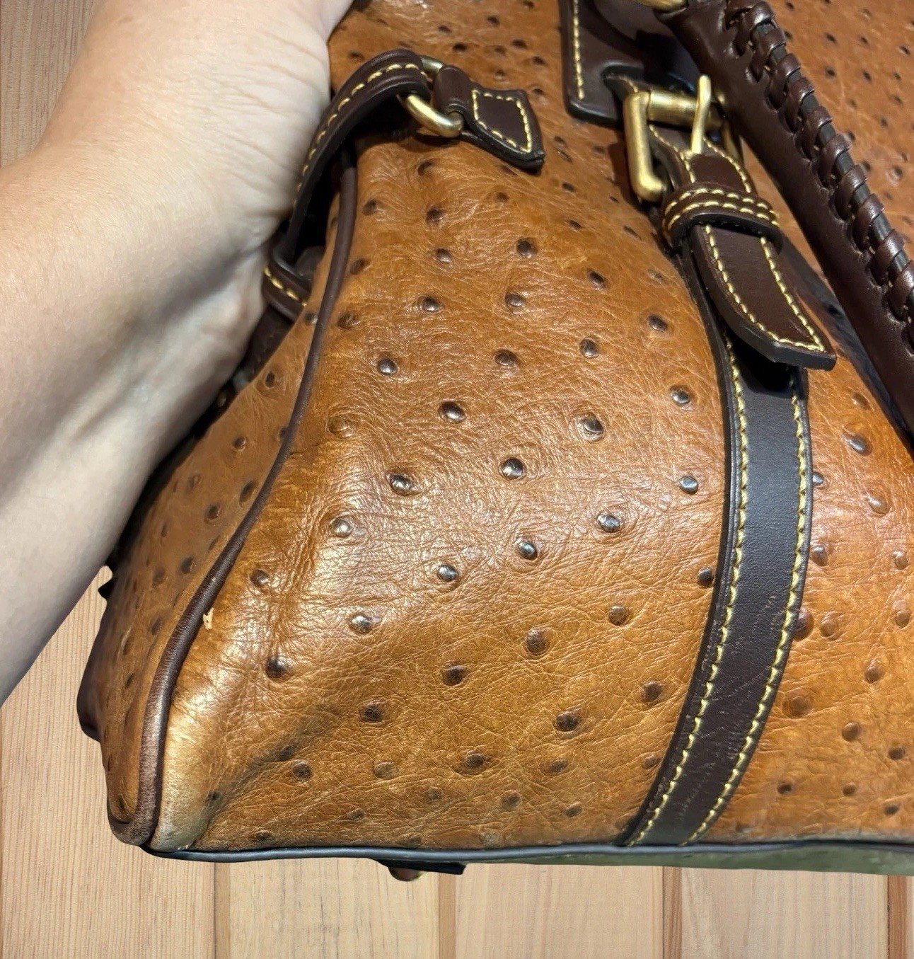 Dooney Bourke Chestnut Cognac Brown Ostrich Embossed Leather Large Satchel Bag