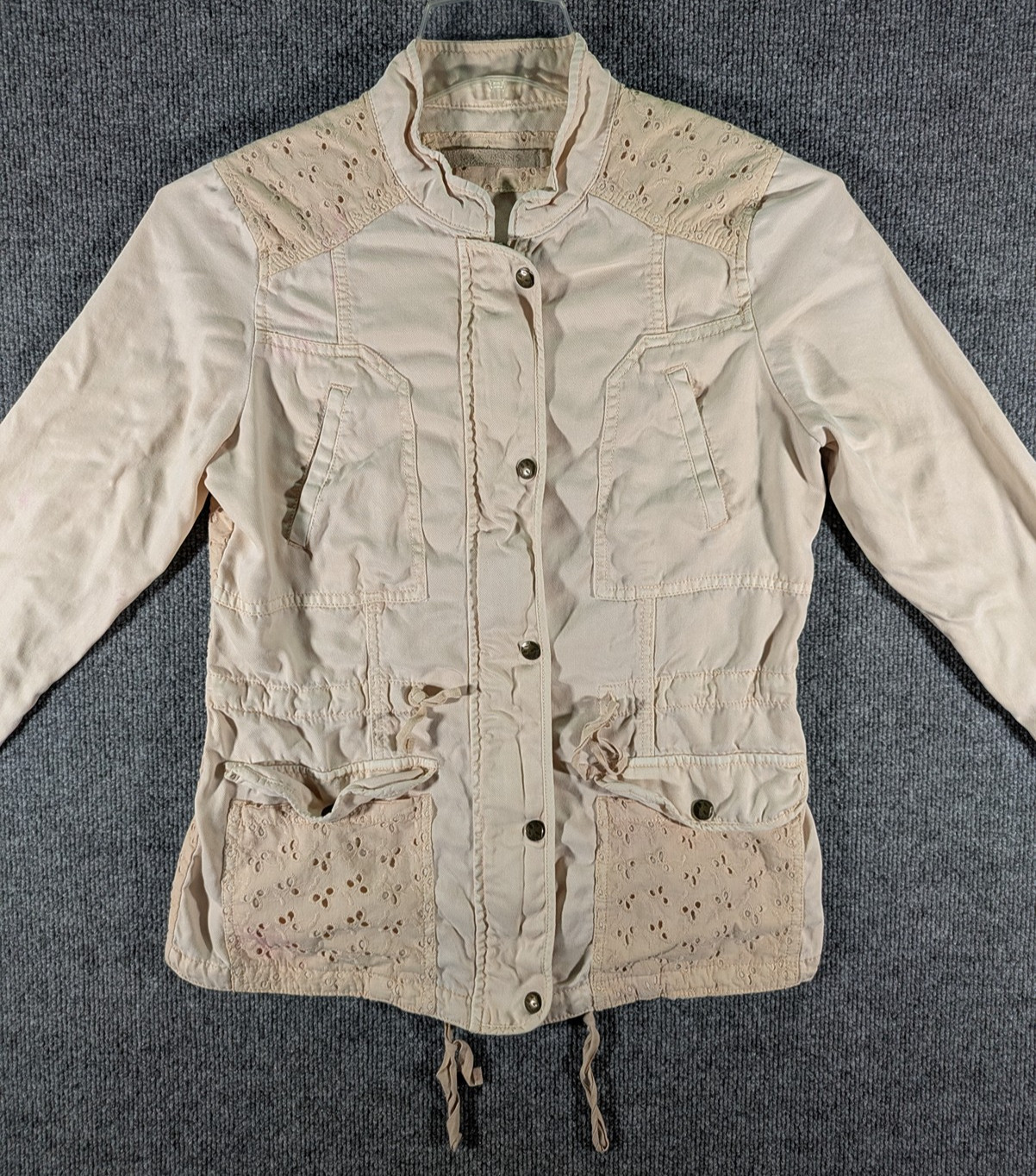 Max Jeans Jacket Women’s Small Khaki Military Utility Drawstring Lightweight