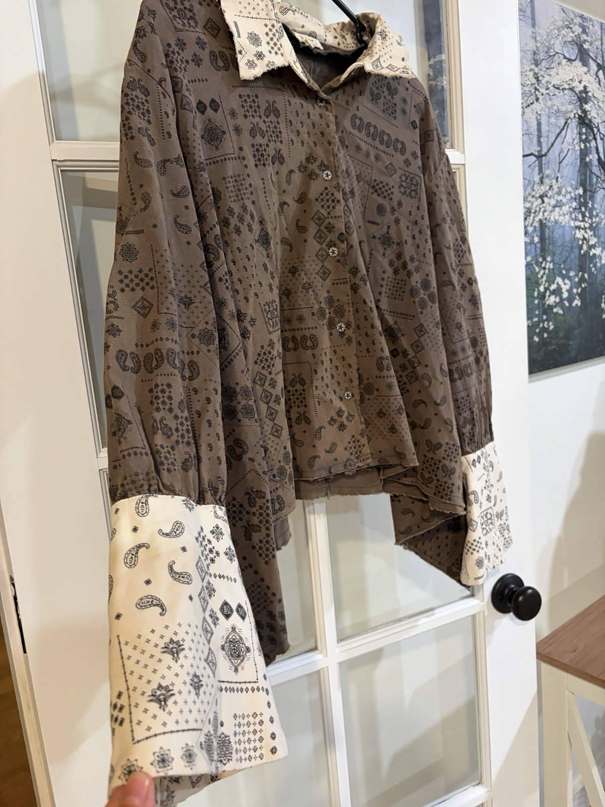 POL Boho Oversized Paisley Blouse Bandana Pattern Flared Cuff Festival Tribal M