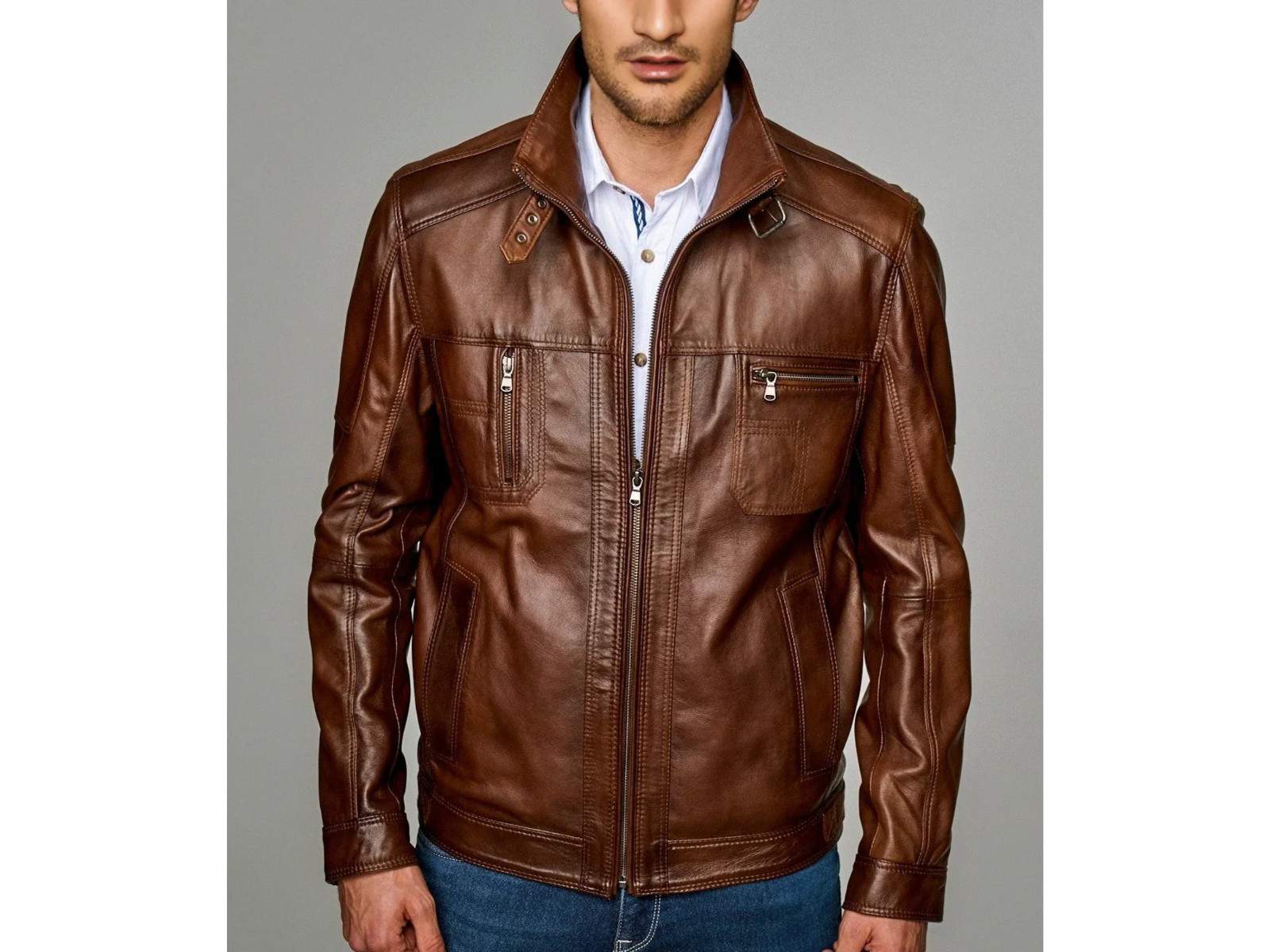 Men’s Brown Sheepskin Leather Jacket Genuine Zip Casual Biker Motorcycle Coat