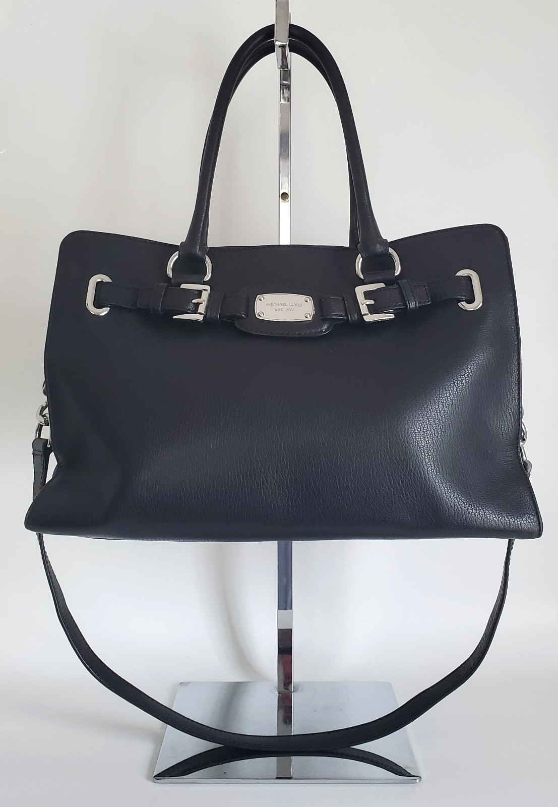 MK HAMILTON BLACK PEBBLED LEATHER SATCHEL HAND BAG SILVERSTONE HARDWARE MEDIUM