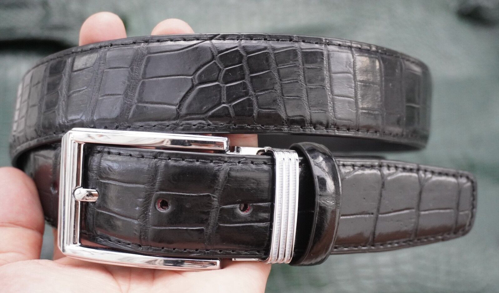 W1.3 inch Black Genuine Crocodile Belly Leather Skin Men’s Belt Pin Buckle #J02