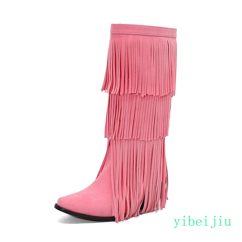 Women Tassel Fringe Causal Knee High Calf Boots Round Toe Mid Heel Shoes Fashion