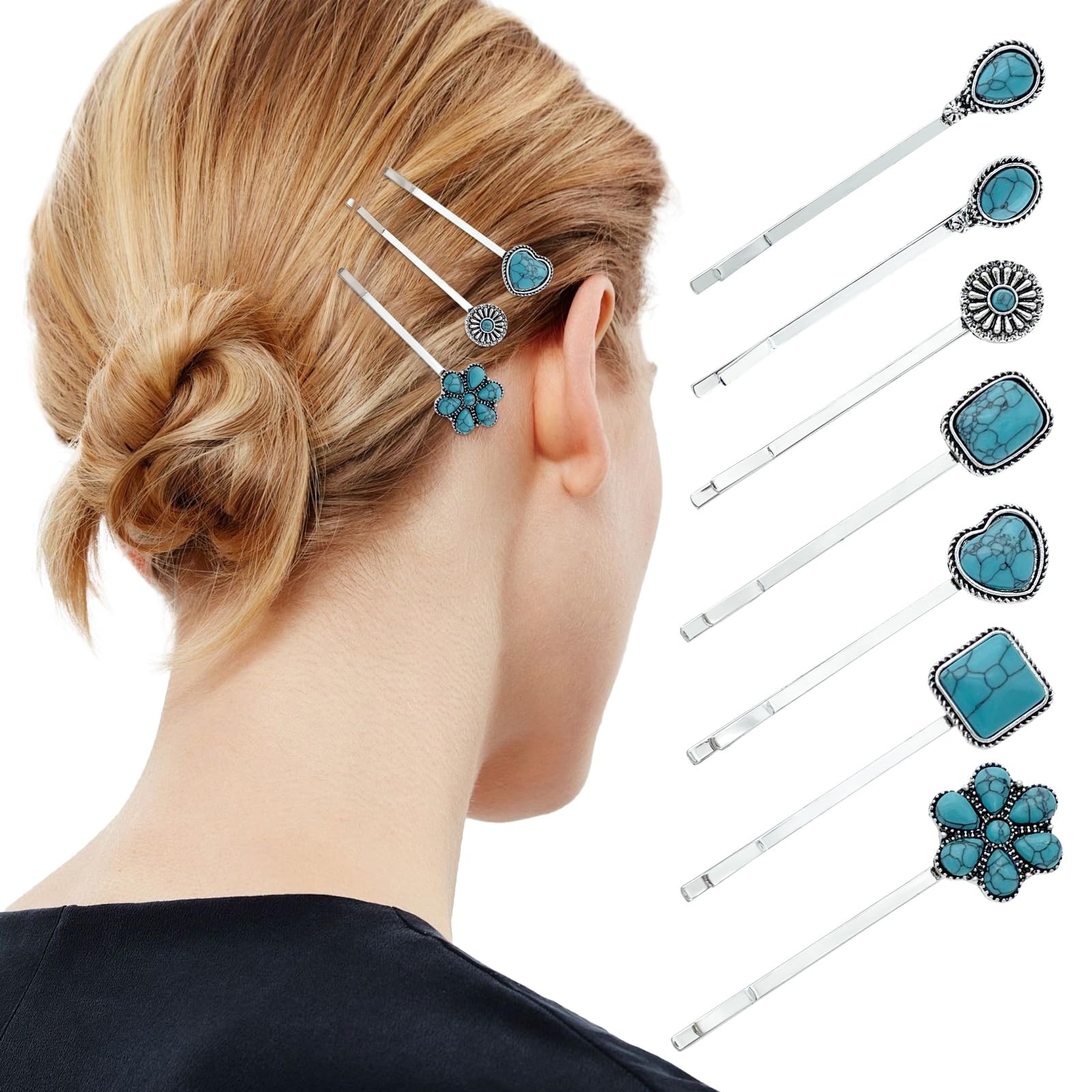 7PCS Turquoise Retro Decorative Bobby Pins 1 Count (Pack of 7), turquoise