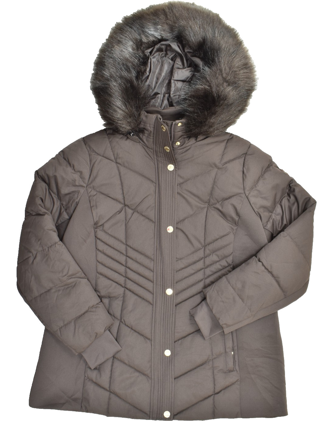 MICHAEL KORS Women 1X Brown Quilted Puffer Jacket Faux Fur Trim Hood Mid-Length