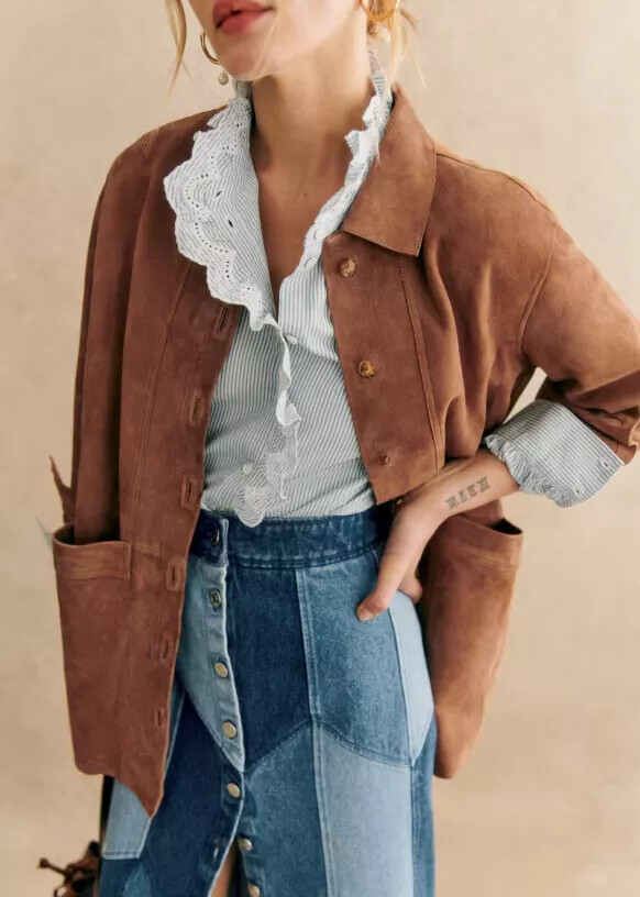Suede Shirt Jacket for Women Brown Jacket Size XS S M L XL XXL 3XL 4XL 5XL