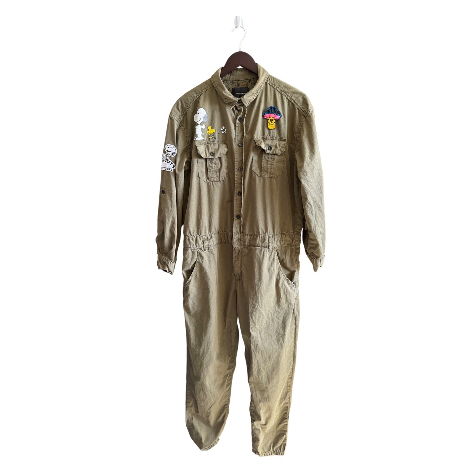 Zara Peanuts Snoopy Olive Green Utility Jumpsuit Coveralls Women’s Large L