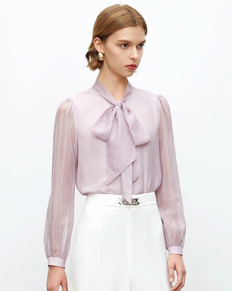 Tie Neck Silk Blouse with Sheer Sleeves
