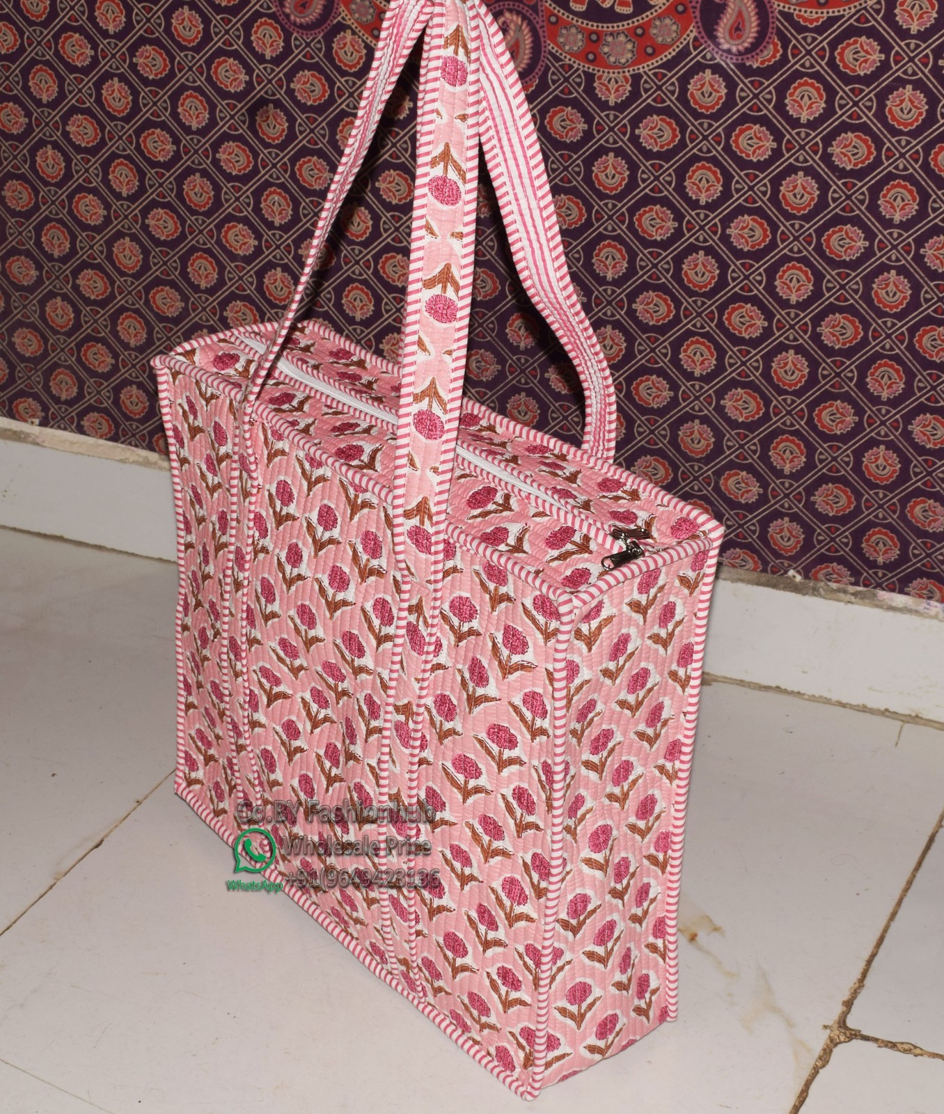 Quilted Tote Bag Handmade Block Print Cotton Handbag Indian Floral Boho Beach