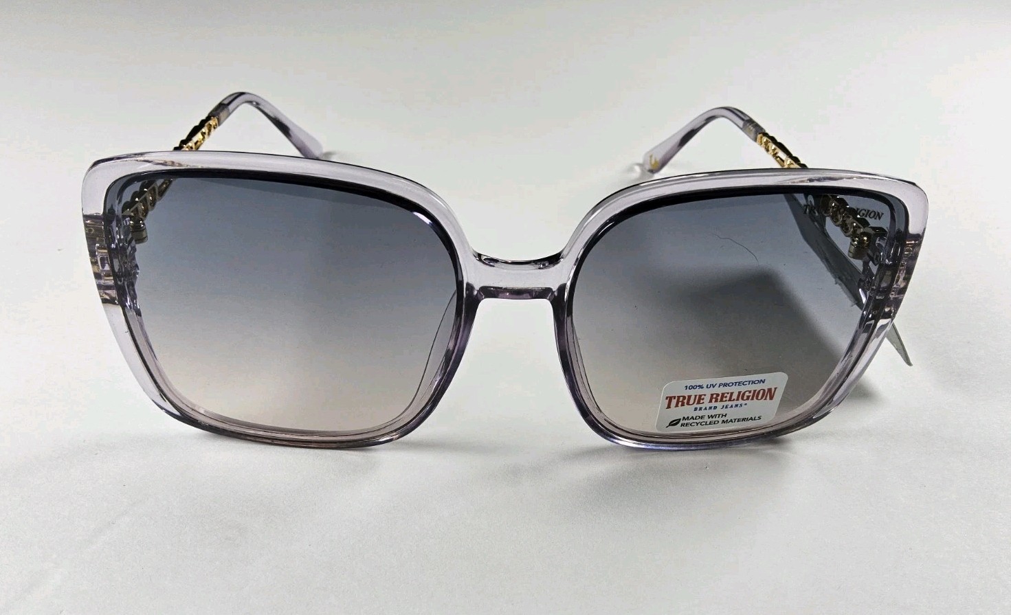 True Religion 100% UV Protection Oversized Square Purple Gold Logo Sunglasses