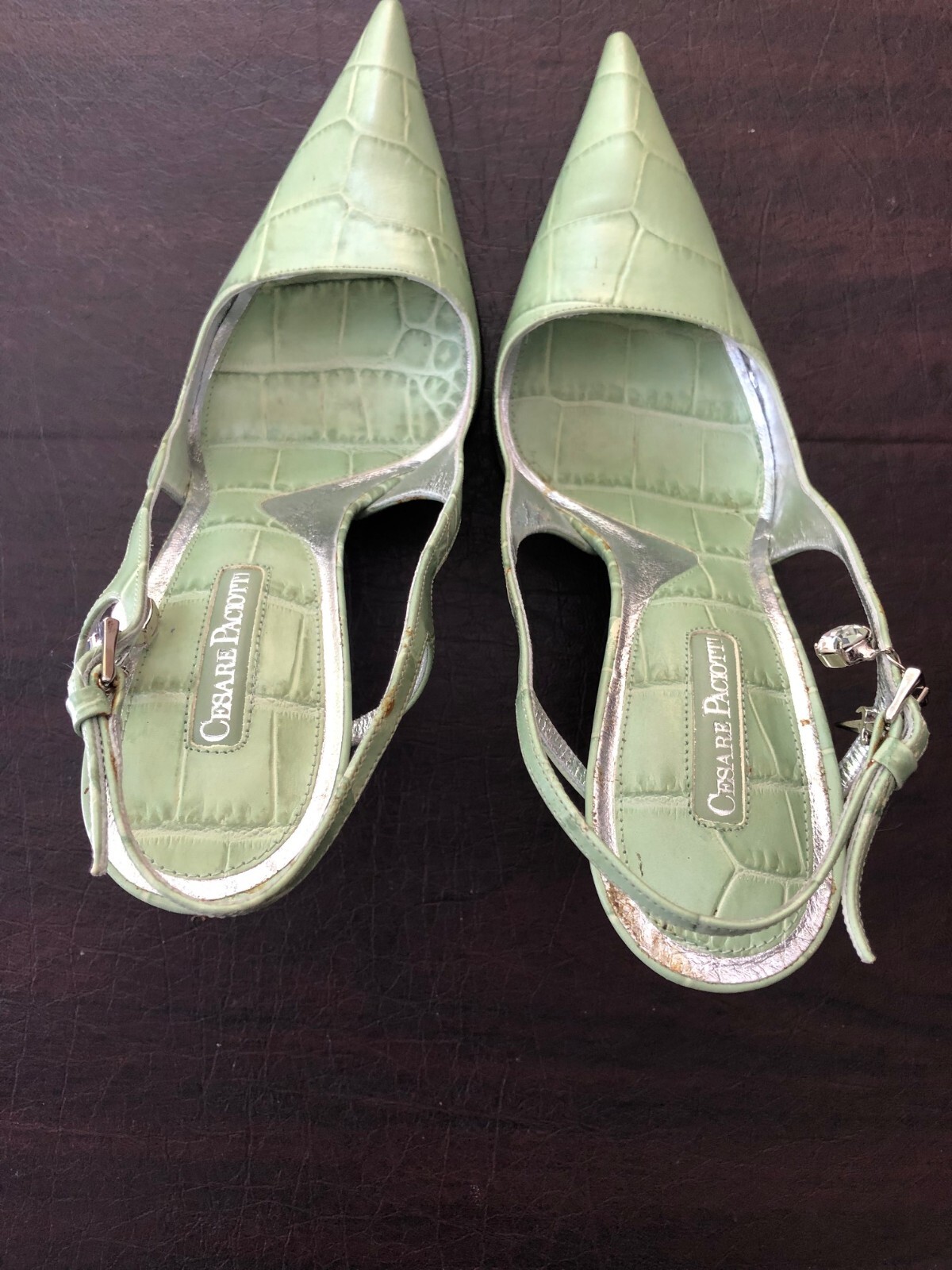 Rare and Unique Cesare Paciotti Dagger Charms Green Stiletto Hills Size 39 US 9