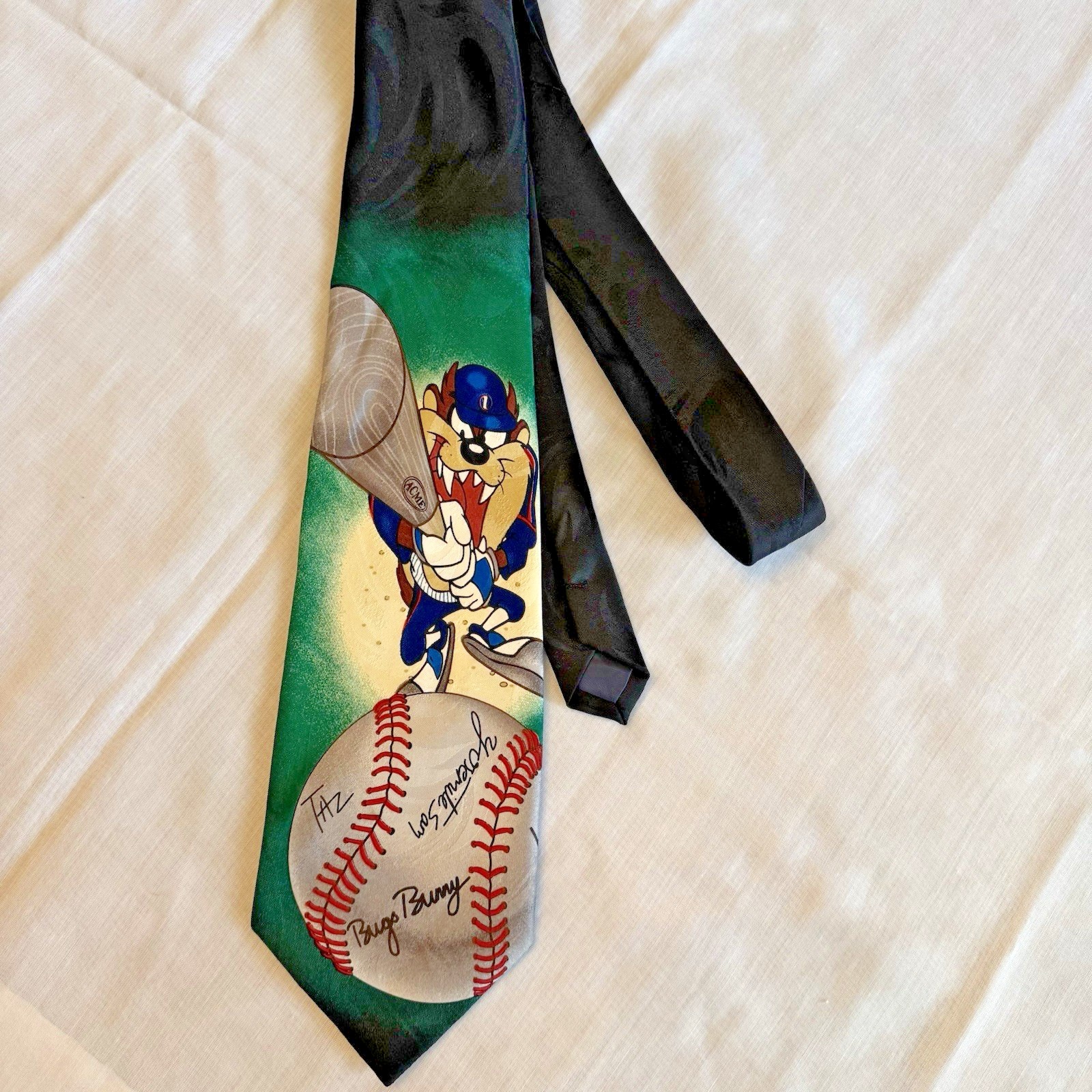 Looney Tunes Tazmanian Devil Autographed Baseball Mens Cartoon Neck Tie