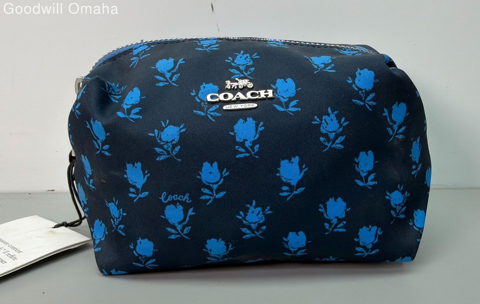 Authentic Coach Blue Floral Badland Print Boxy Cosmetic Case / Bag #C5583 w/ COA