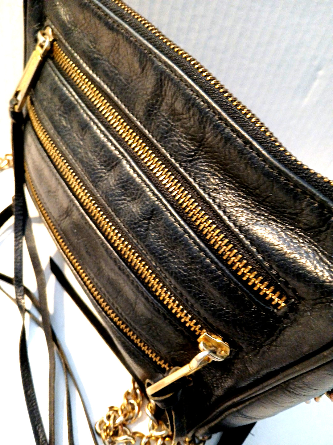 Rebecca Minkoff Black Pebbled Leather Zipper Chain Strap Fringe Crossbody Bag