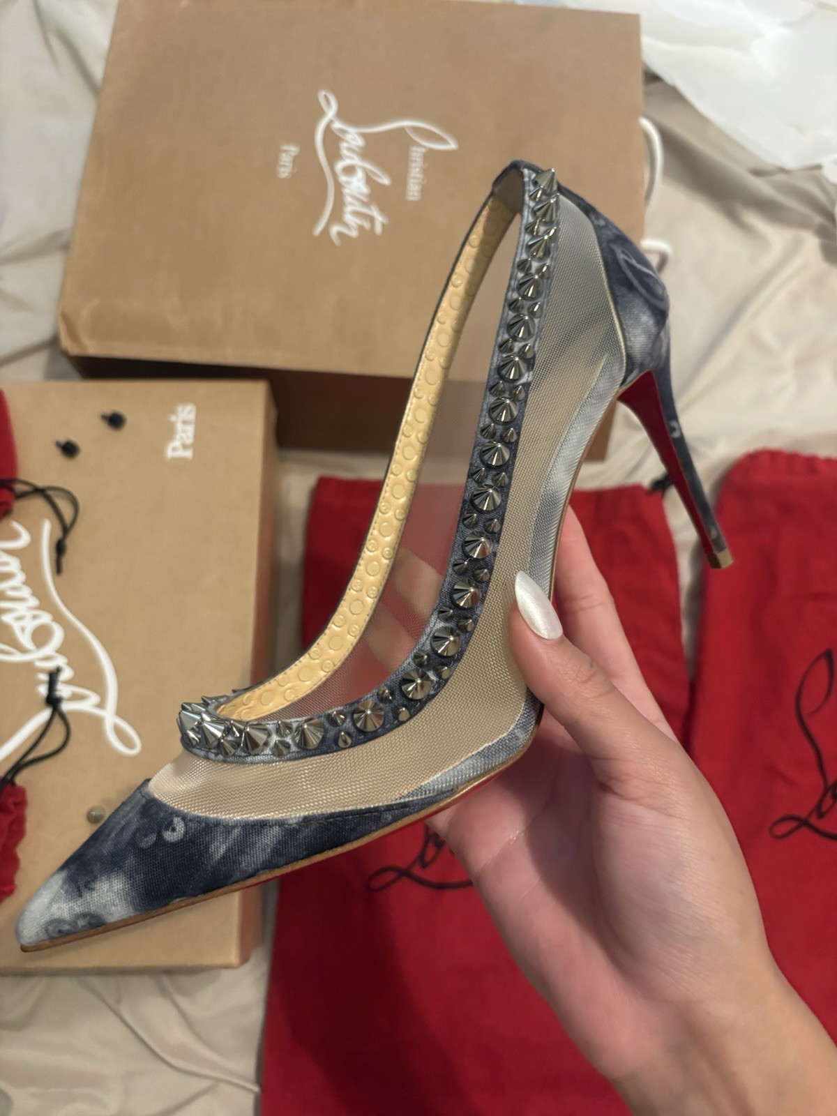 Christian Louboutin Studded Spike Denim Mesh Pointed Toe Pumps US 7 EU 38.5