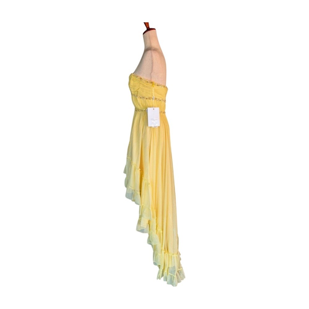 NWT MAC DUGGAL Beaded Strapless Chiffon High Low Evening Dress Lemon 68096 SZ 4