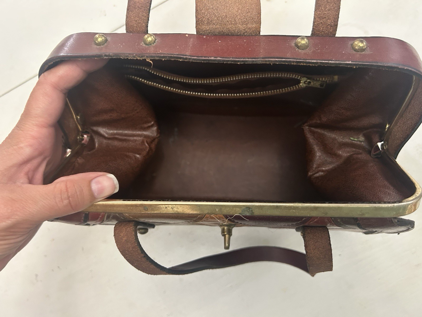 Burlington 1970s Vintage Patchwork Leather Handbag Brown Burgundy Tan Green