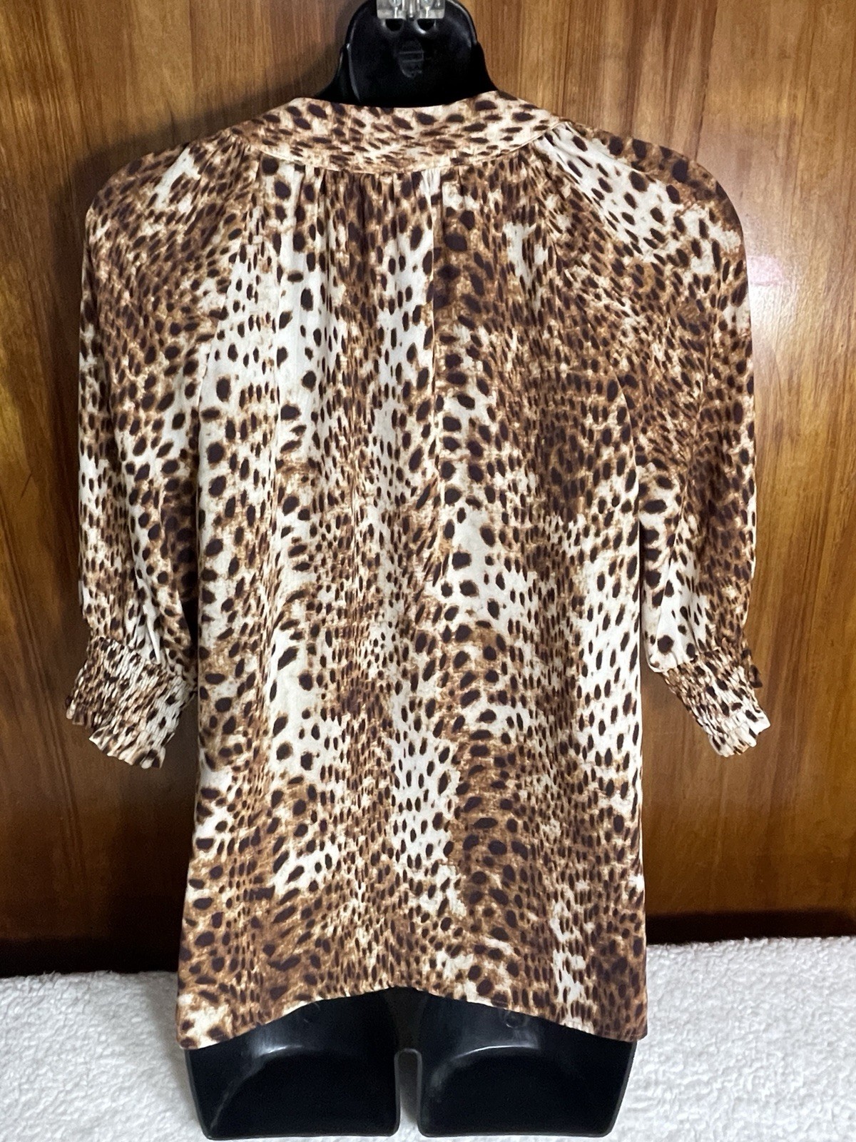 Worthington Leopard Print Blouse S Short Sleeve Satin Feel Mob Wife Boho Top