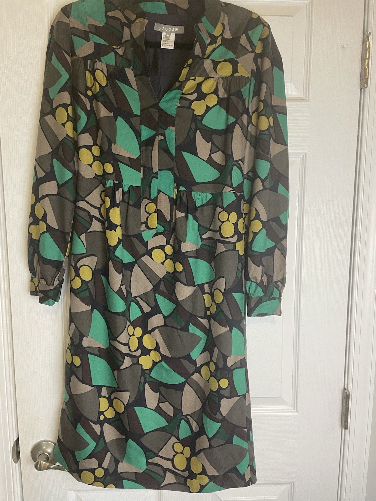 Jigsaw Dress Size 6 Green Geometric Print Excellent Condition Silk And Wool