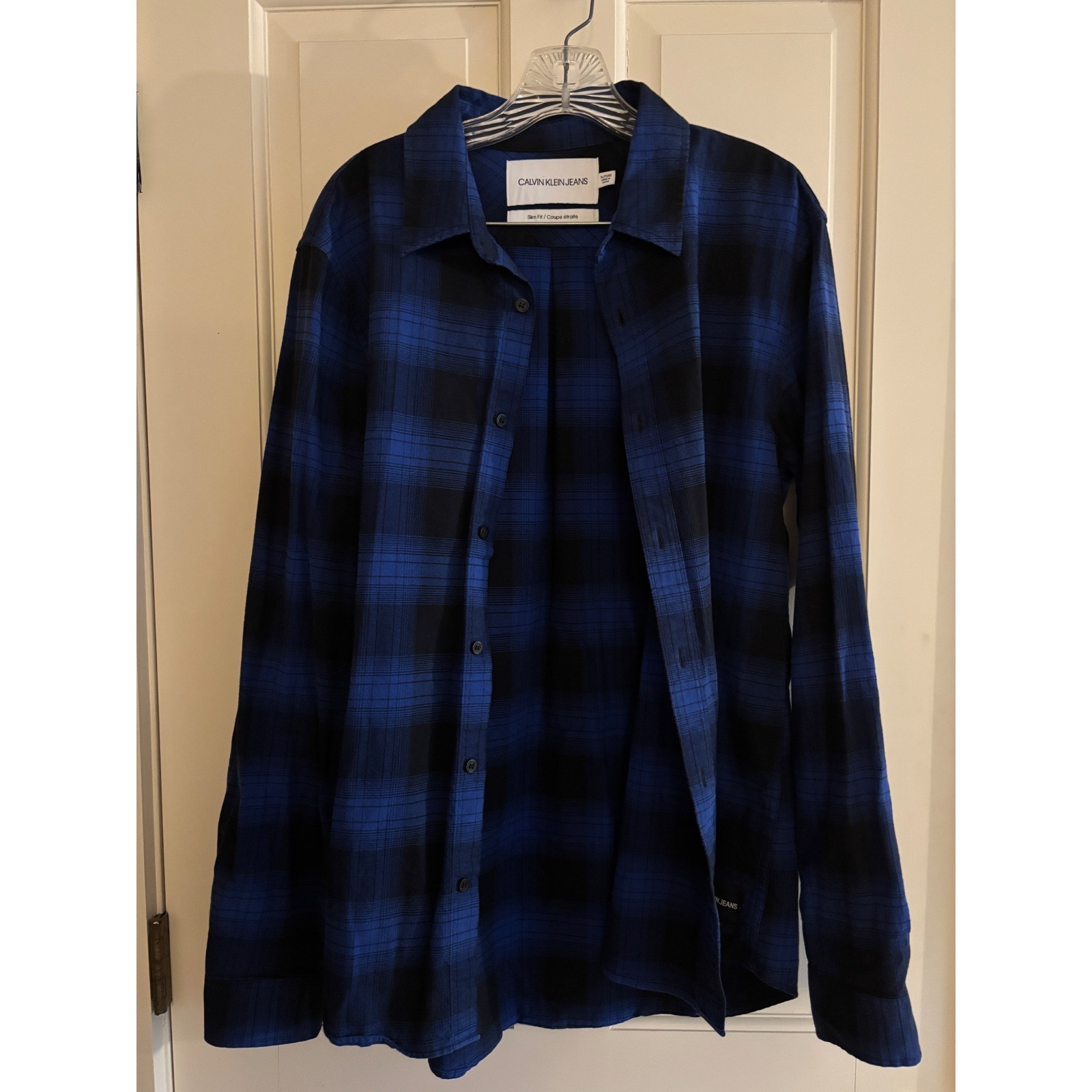 Calvin Klein Jeans Mens XL Slim Fit Blue Black Plaid Flannel Button Down Shirt
