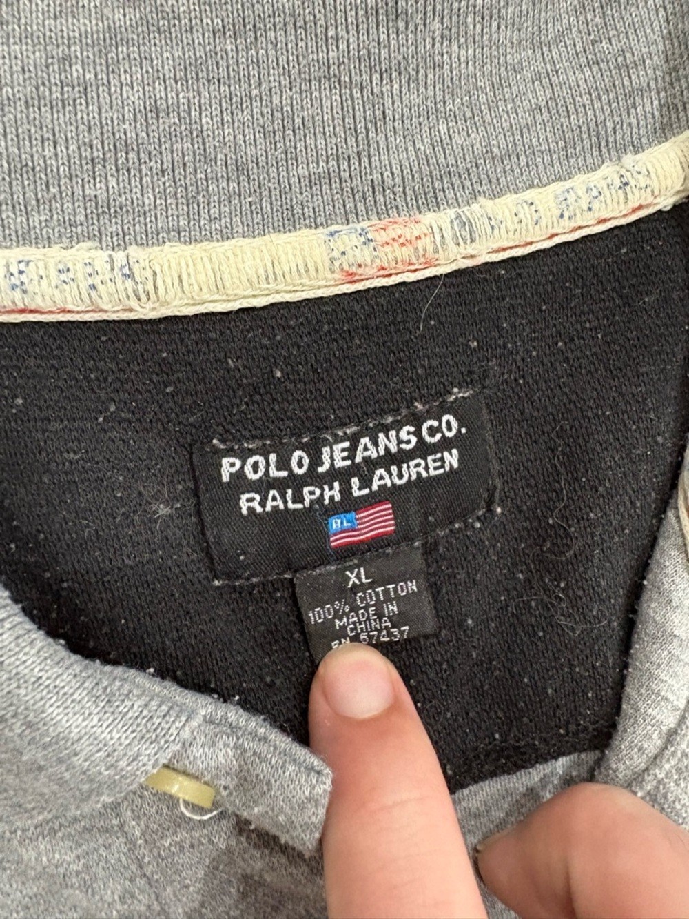Vintage Striped Polo Button Shirt with American Flag Patch – Gray, Black & Red