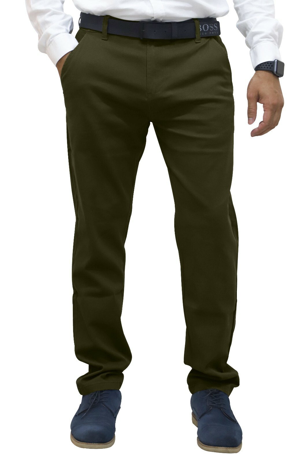 Mens Regular Fit Chino Trousers Stretch Casual Cotton Flat Front Flex Full Pants