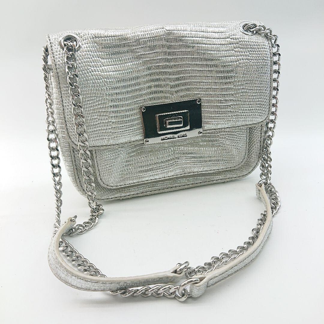 Michael Kors Python Embossed Silver Flap Chain Shoulder Bag 2Way Crossbody