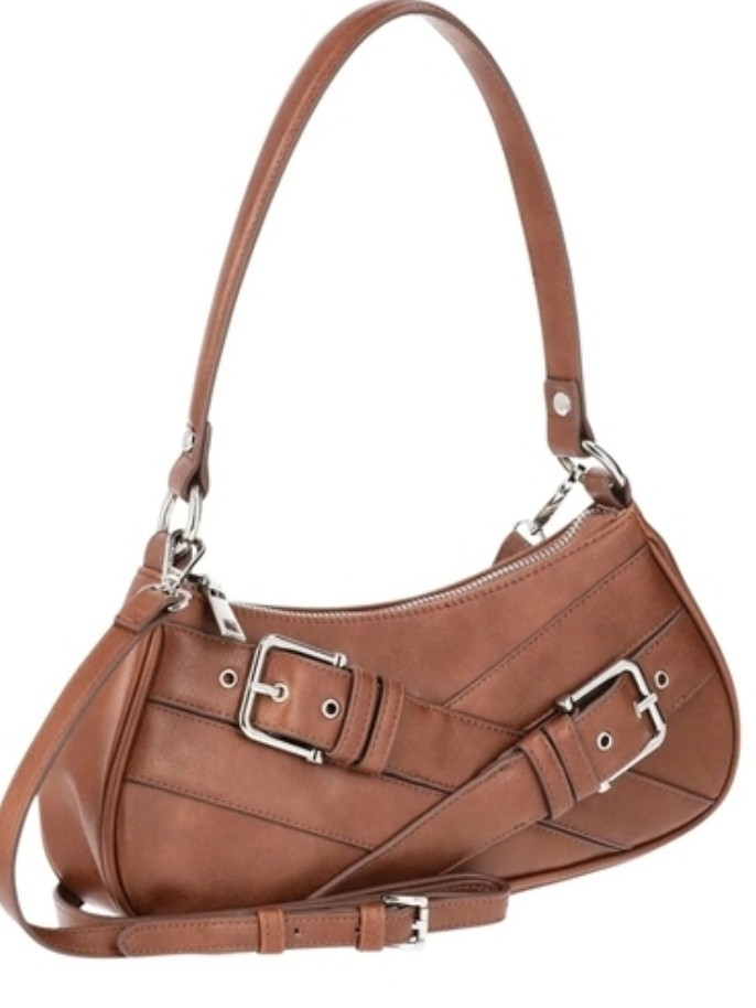 Women’s Brown Crescent Shoulder Bag Silver Hardware Zip Closure Adjustable Strap