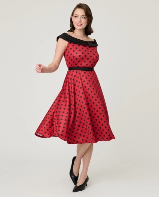 UNIQUE VINTAGE RED & BLACK DOT OFF THE SHOULDER SWING DRESS – NEW – REG & PLUS