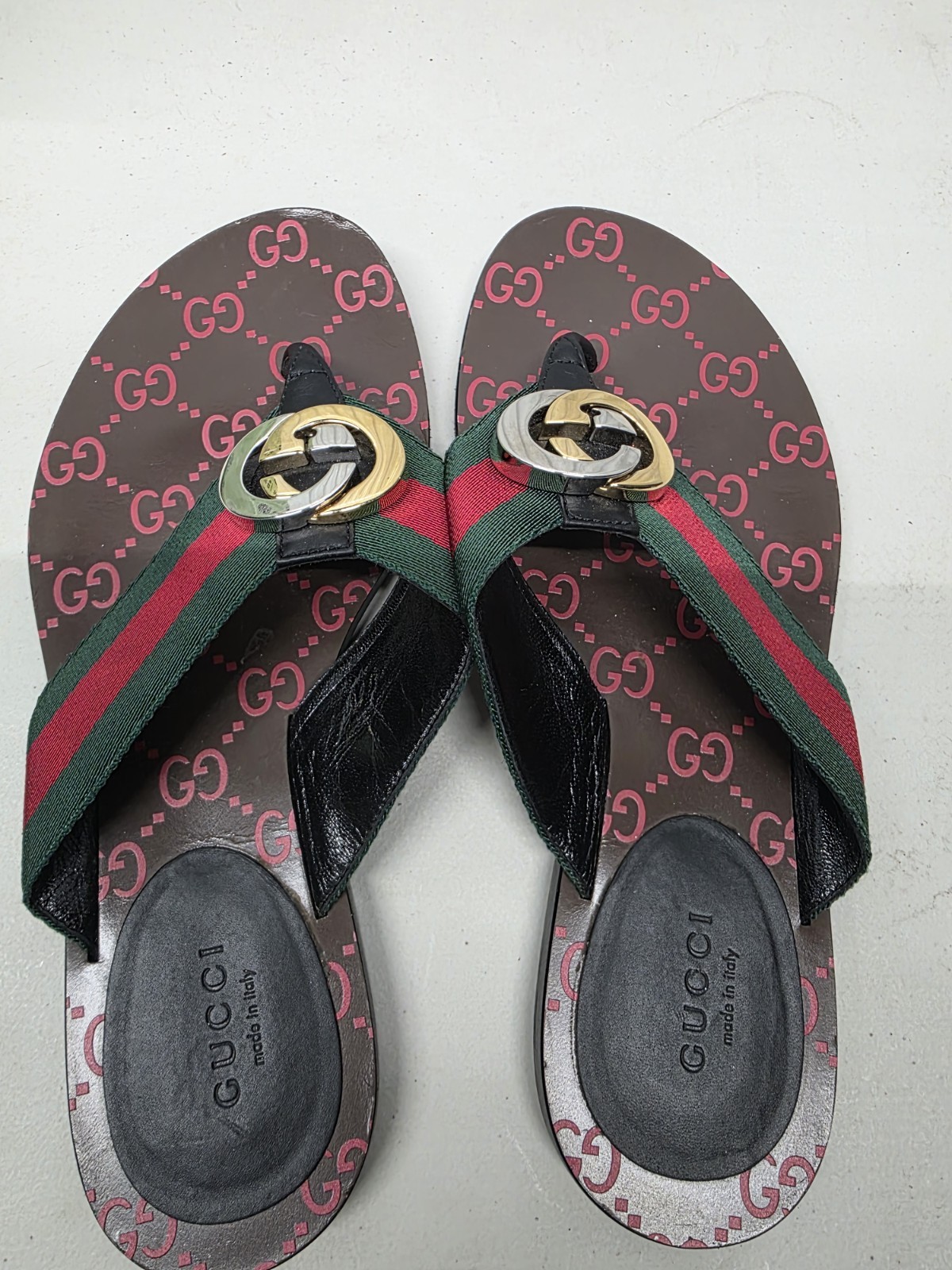 Gucci Web GG Monogram Thong Sandals, Women’s Size36, Brown Green Red, ITALY