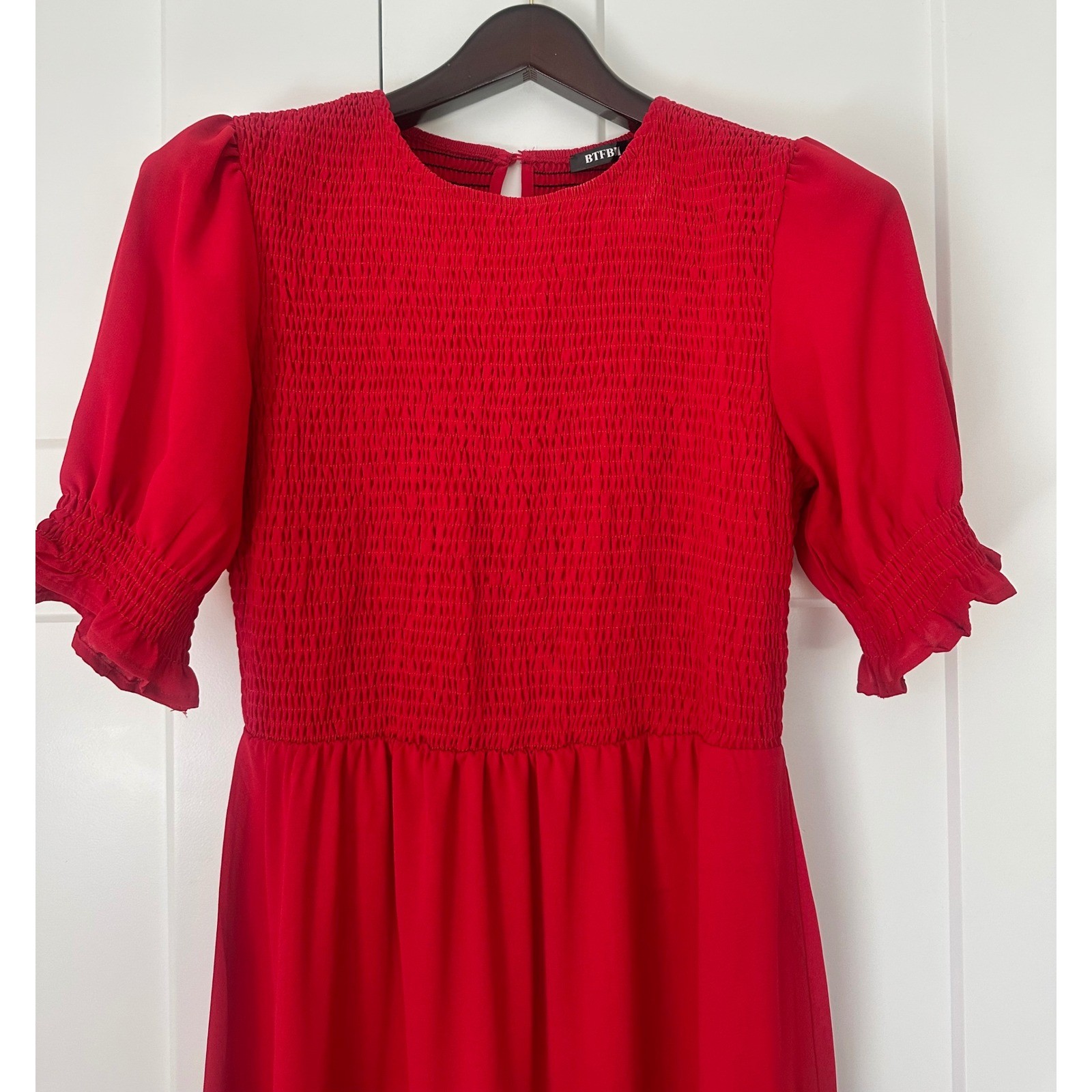 BTFBM Red Smocked Midi Dress Puff Sleeve Tiered Ruffle Hem Women Large Boho