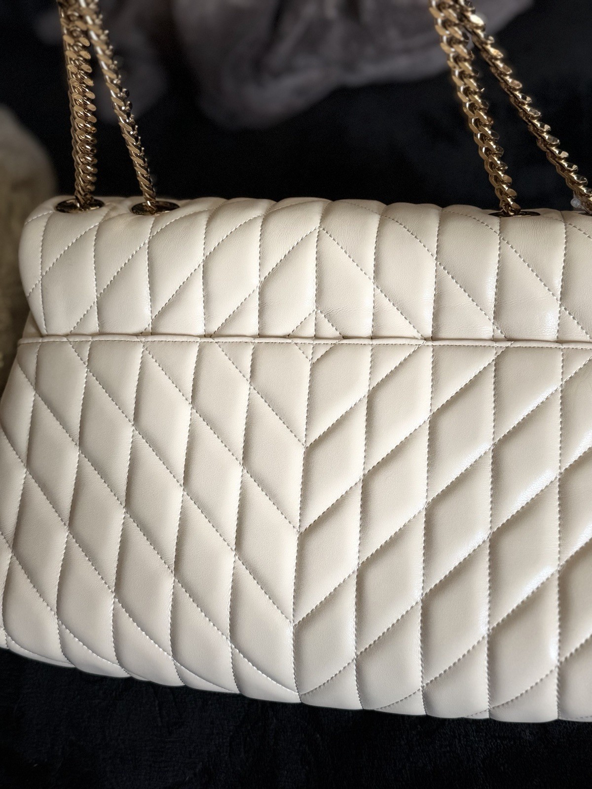 KARL LAGERFELD PARIS Cream Quilted Genuine Leather Shoulder Bag Gold Chain