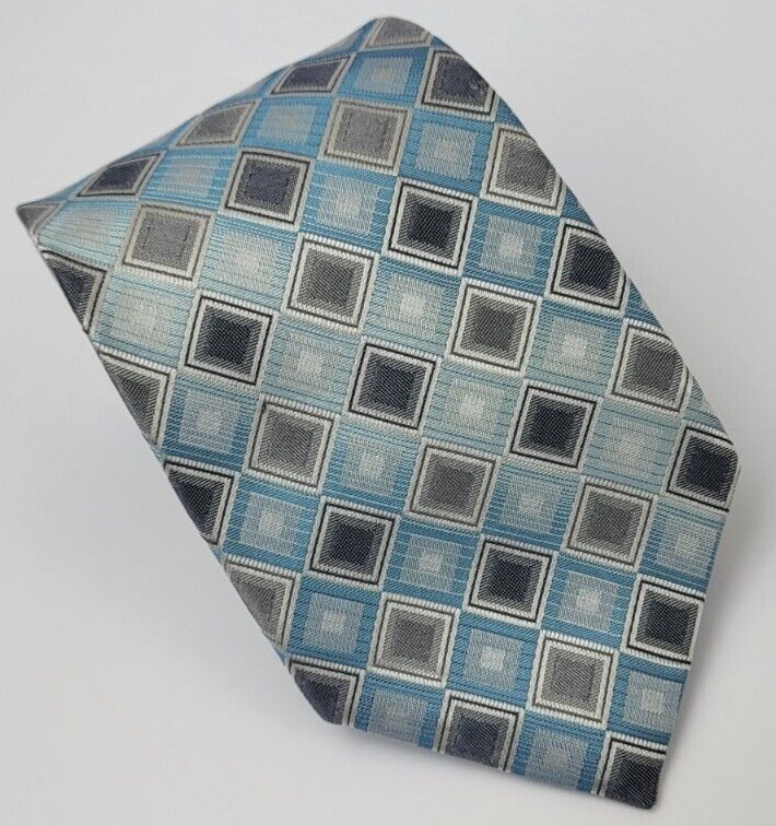 Kenneth Cole Reaction Silk Tie Gray Blue Silver Geometric Men Necktie 57 x 3.25