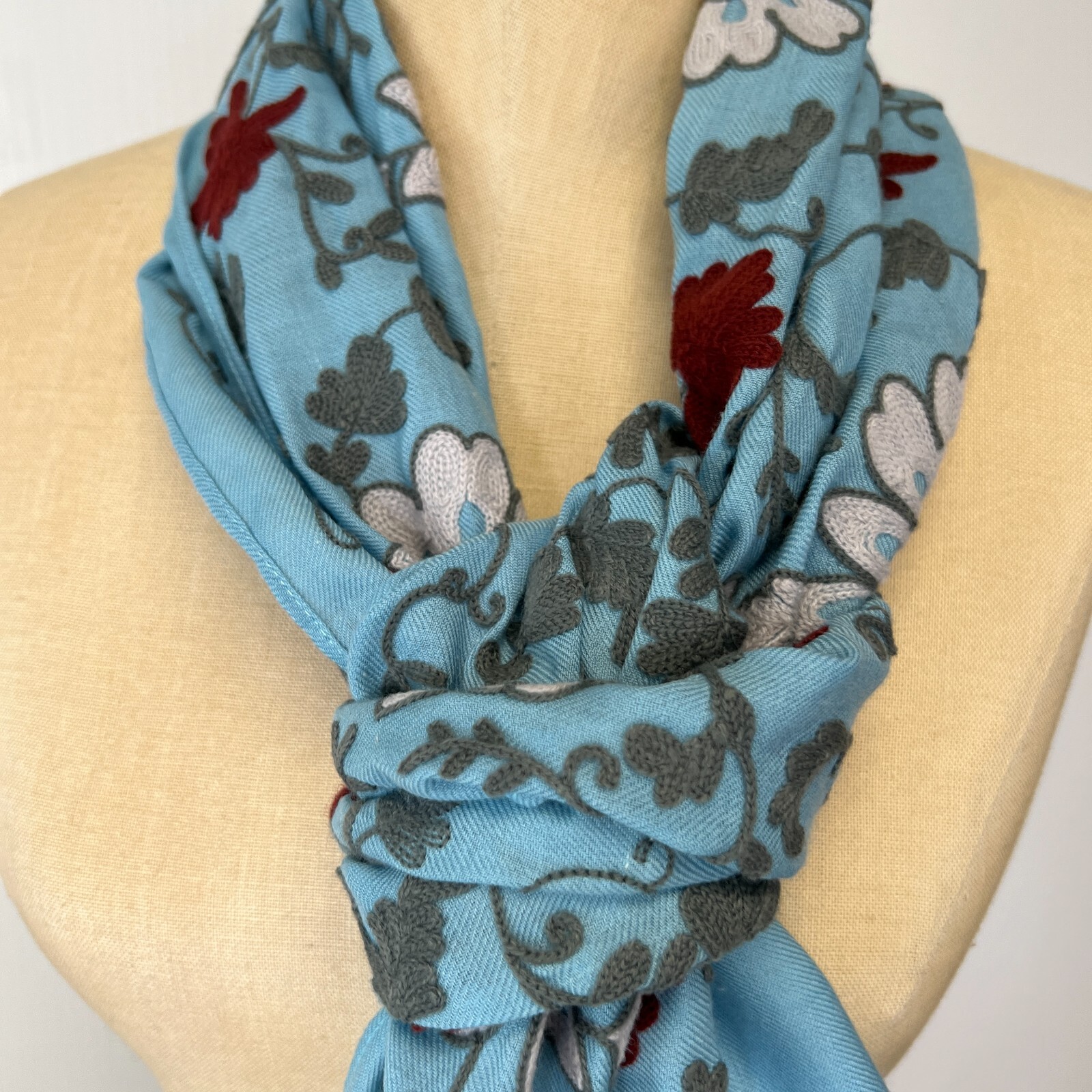 Floral Scarf Women 60.5×12.75 Wool Silk Casual Shawl Fringe Resort Work Party Ex