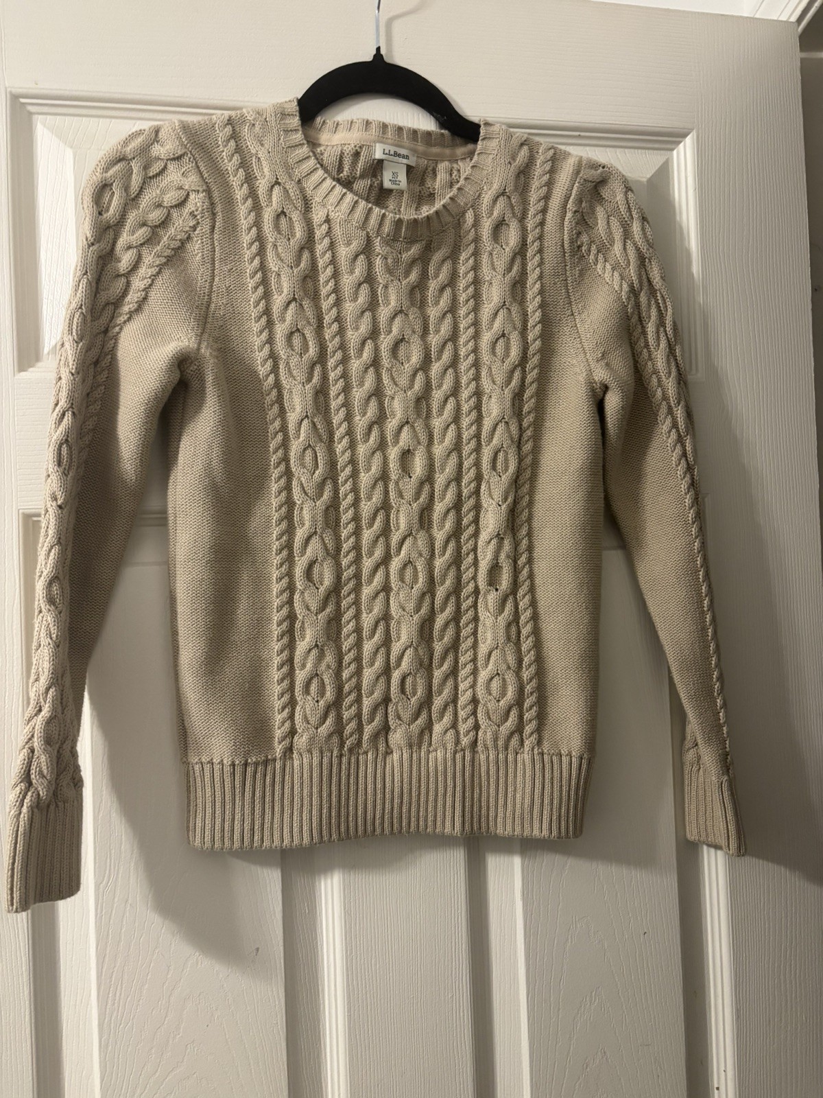 L.L.Bean Cable Knit Sweater Womens XS Cream Cotton Crewneck Classic Fisherman