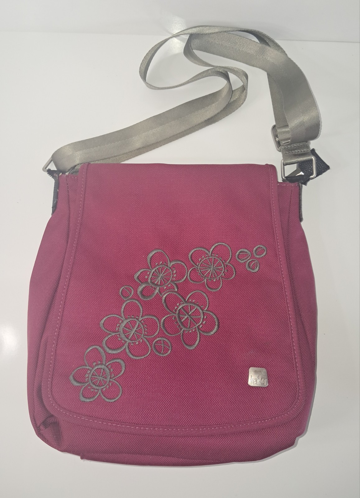 Haiku Jaunt Crossbody Bag Fuchsia Canvas Embroidered Floral Adjustable Straps
