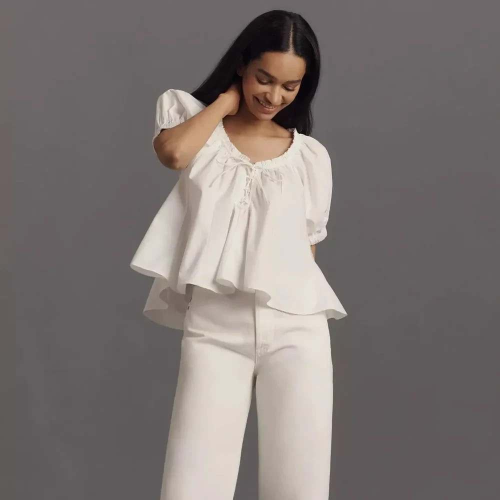 Anthropologie Maeve Short-Sleeve Swing Blouse White Cotton Top size XS NWT