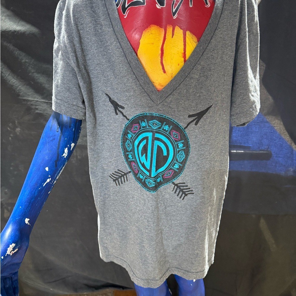 Gray V-Neck T-Shirt with Blue and Black Graphic