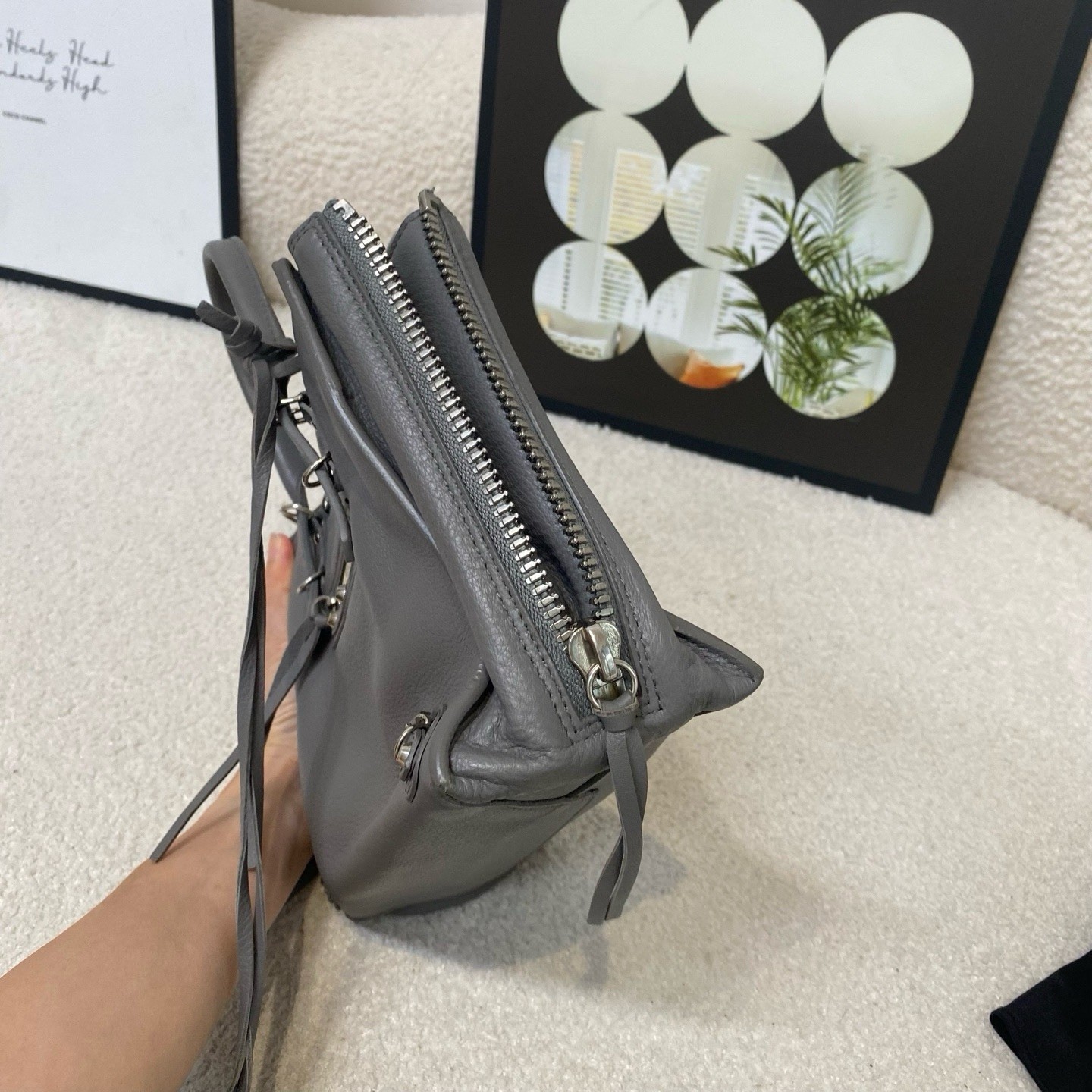 Balenciaga gray full leather mini papier locomotive bag tote bag size: 22*17*9cm