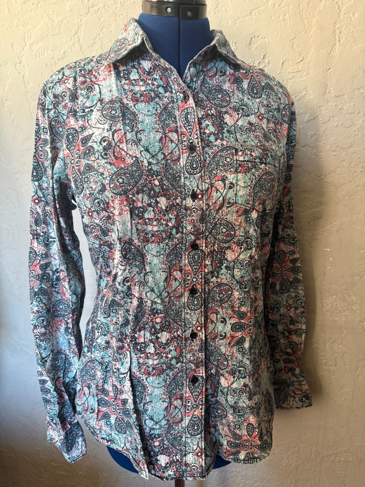 Women’s L long sleeve button up blouse teal and pink by Cruel