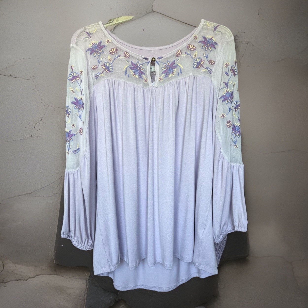 Women’s Purple Tunic Top Mesh Floral Embroidery Lavender Orchid Petal Size XL