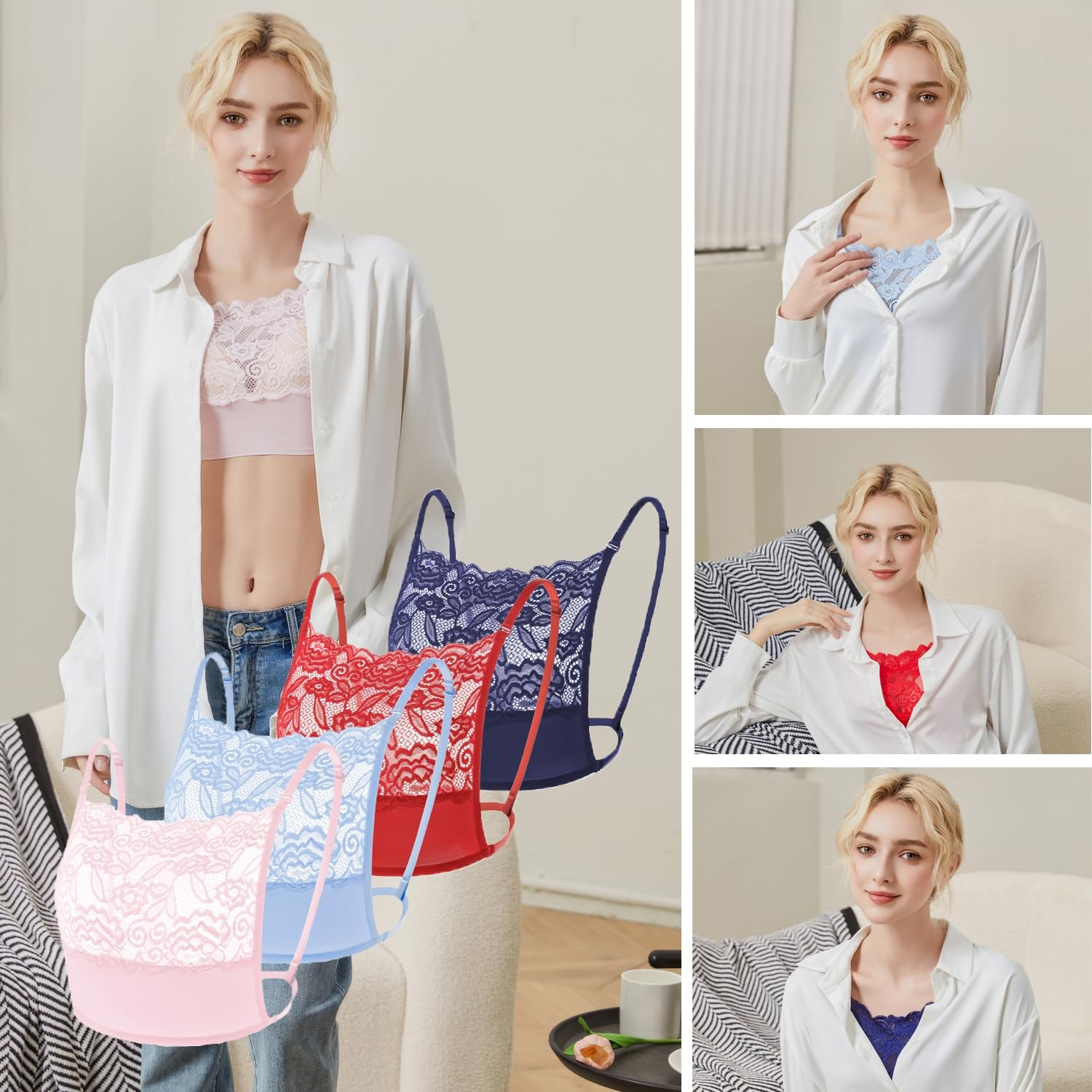 4Pcs Lady Lace Wearable Mock Camisole Bra Insert Overlay Modesty Panel Vest.