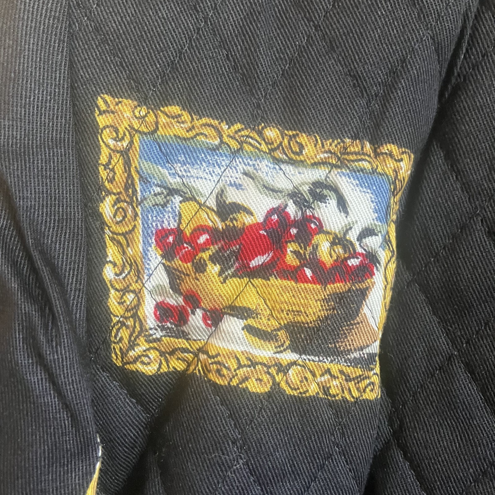 VTG Quilted Jacket Shoulderpad Artwork Button Up Boho Whimsy Twee Old Money Sz 8